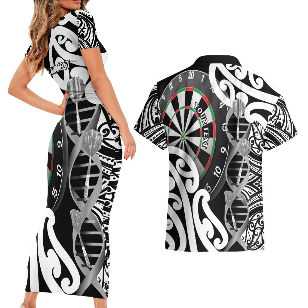 Personalised New Zealand Darts Couples Matching Short Sleeve Bodycon Dress and Hawaiian Shirt Aotearoa Maori Its In My DNA Black LT14 - Polynesian Pride