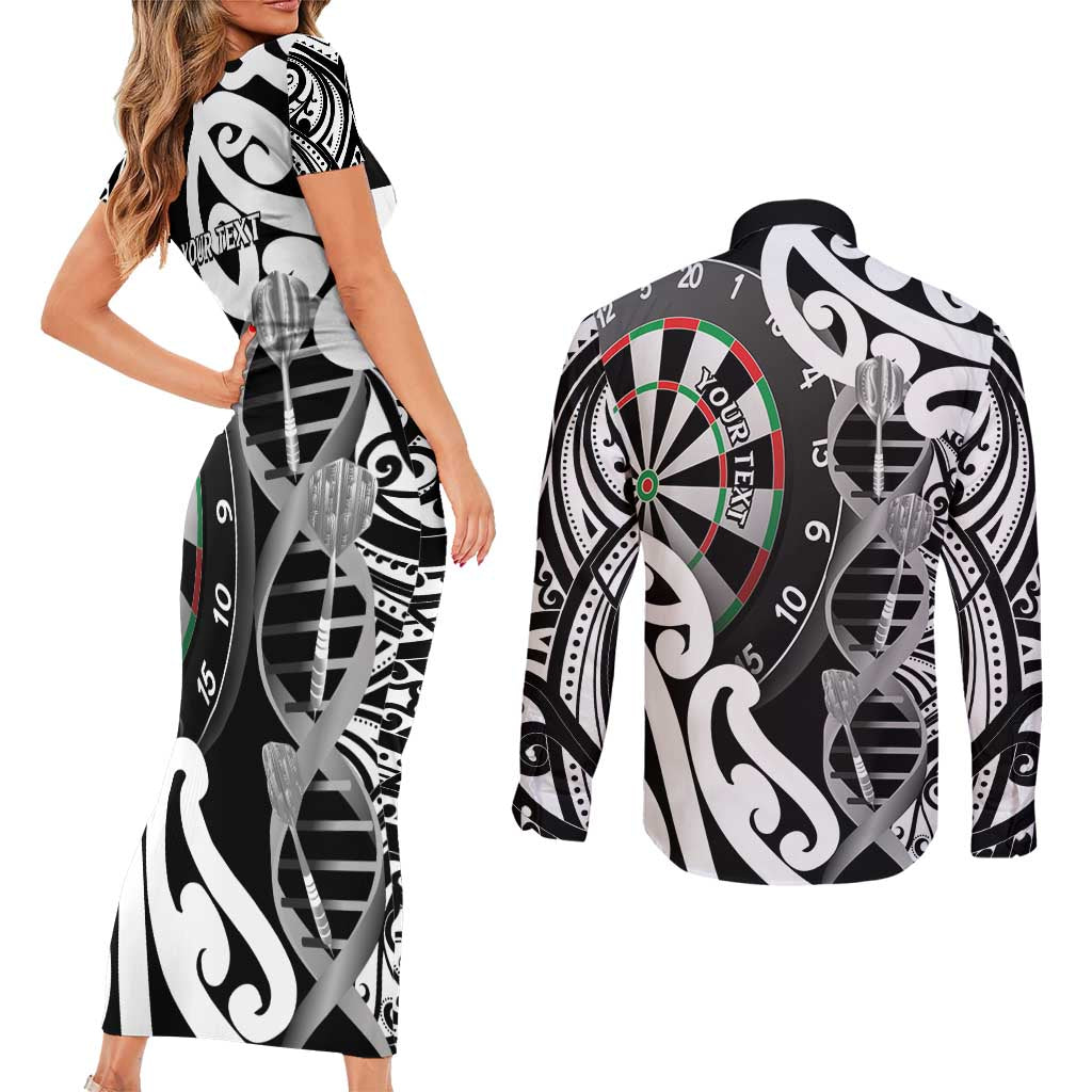 Personalised New Zealand Darts Couples Matching Short Sleeve Bodycon Dress and Long Sleeve Button Shirt Aotearoa Maori Its In My DNA Black LT14 - Polynesian Pride
