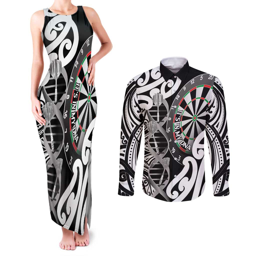 Personalised New Zealand Darts Couples Matching Tank Maxi Dress and Long Sleeve Button Shirt Aotearoa Maori Its In My DNA Black LT14 Black - Polynesian Pride