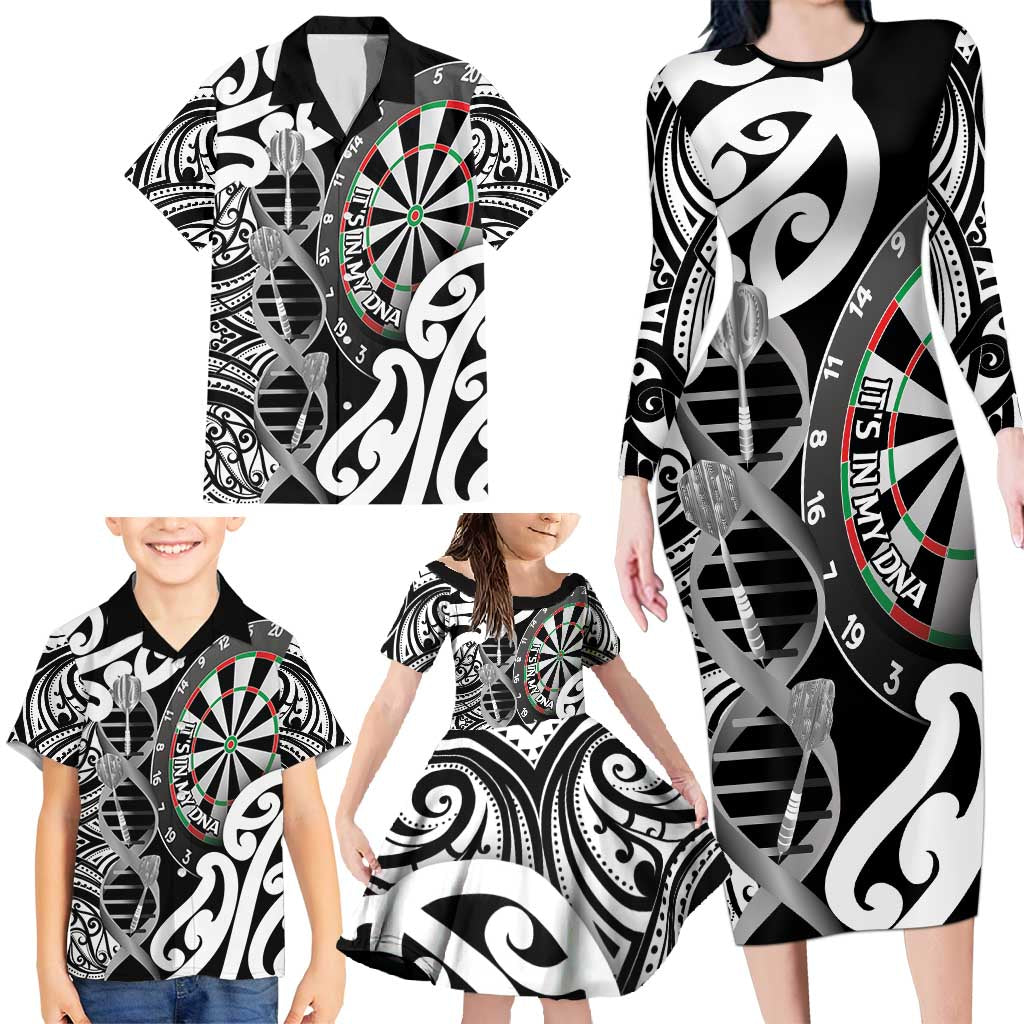 Personalised New Zealand Darts Family Matching Long Sleeve Bodycon Dress and Hawaiian Shirt Aotearoa Maori Its In My DNA Black - Polynesian Pride