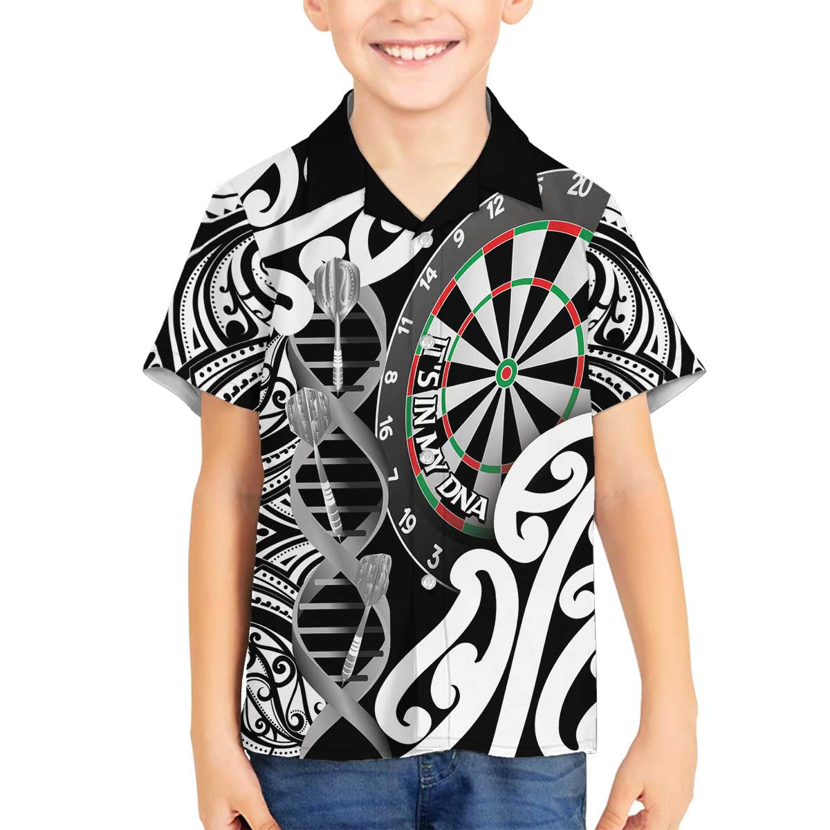 Personalised New Zealand Darts Family Matching Off The Shoulder Long Sleeve Dress and Hawaiian Shirt Aotearoa Maori Its In My DNA Black - Polynesian Pride