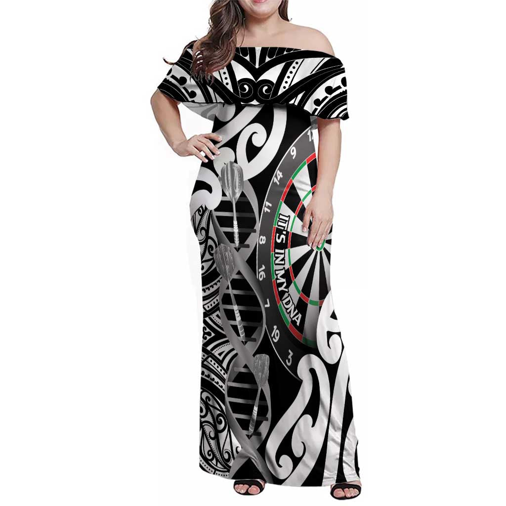 Personalised New Zealand Darts Family Matching Off Shoulder Maxi Dress and Hawaiian Shirt Aotearoa Maori Its In My DNA Black LT14 Mom's Dress Black - Polynesian Pride