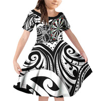 Personalised New Zealand Darts Family Matching Off Shoulder Short Dress and Hawaiian Shirt Aotearoa Maori Its In My DNA Black LT14 Daughter's Dress Black - Polynesian Pride