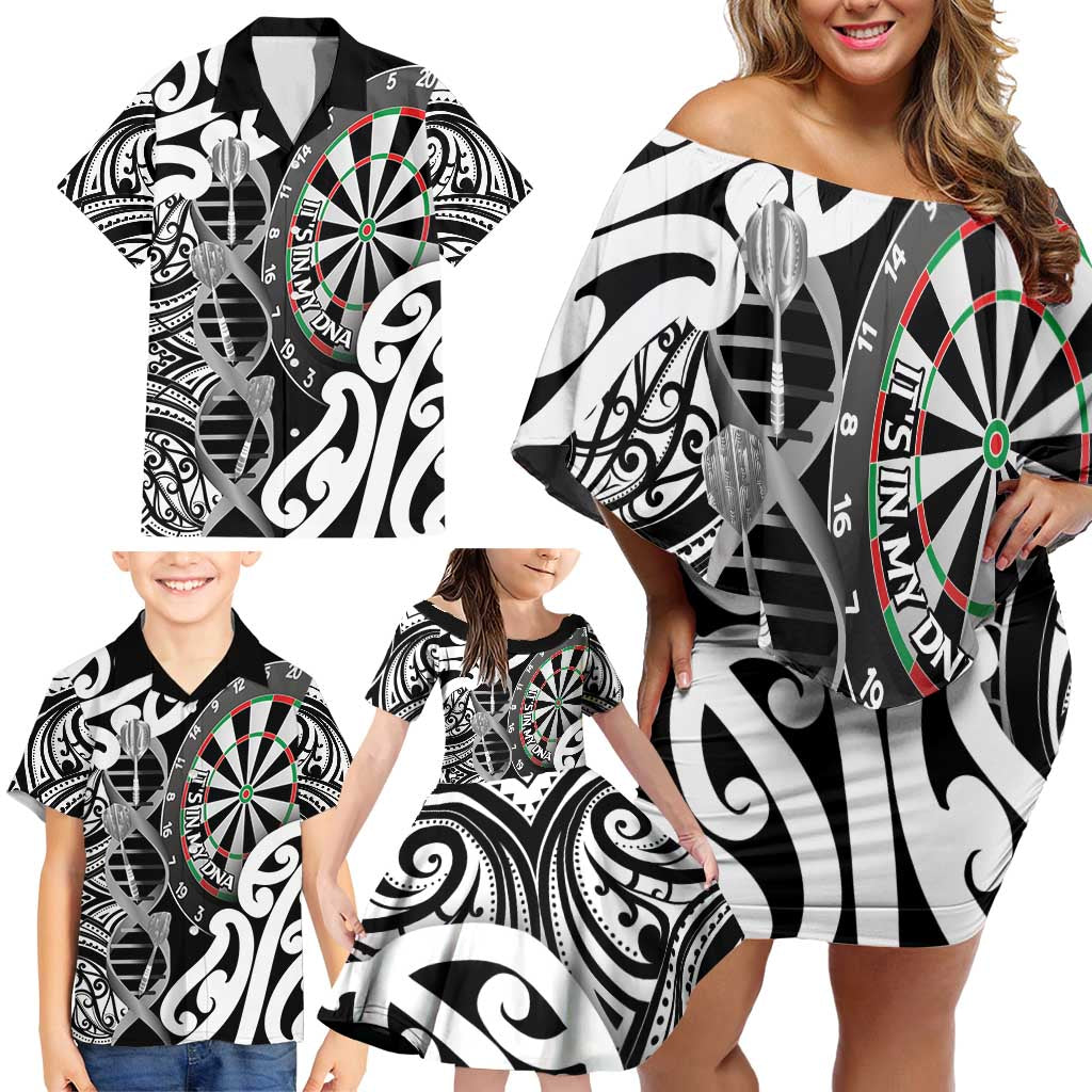 Personalised New Zealand Darts Family Matching Off Shoulder Short Dress and Hawaiian Shirt Aotearoa Maori Its In My DNA Black LT14 - Polynesian Pride