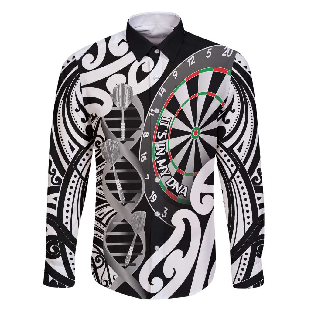 Personalised New Zealand Darts Family Matching Off Shoulder Short Dress and Hawaiian Shirt Aotearoa Maori Its In My DNA Black LT14 Dad's Shirt - Long Sleeve Black - Polynesian Pride