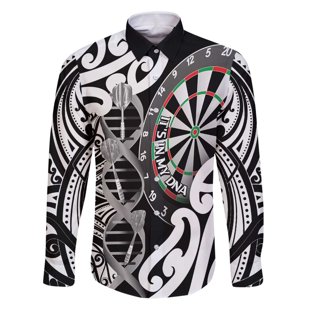 Personalised New Zealand Darts Family Matching Puletasi and Hawaiian Shirt Aotearoa Maori Its In My DNA Black LT14 Dad's Shirt - Long Sleeve Black - Polynesian Pride
