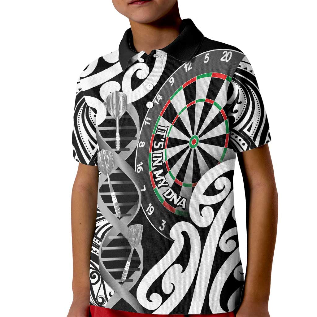 Personalised New Zealand Darts Kid Polo Shirt Aotearoa Maori Its In My DNA Black - Polynesian Pride