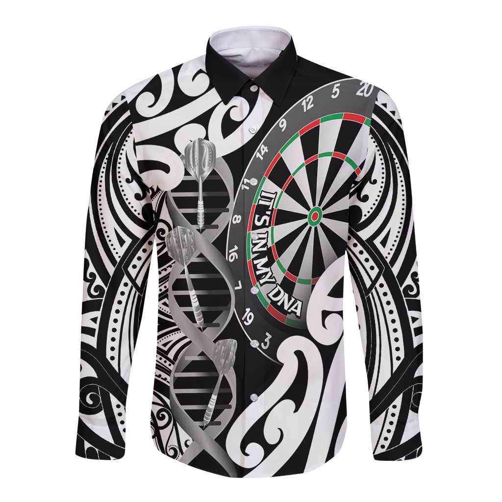 Personalised New Zealand Darts Long Sleeve Button Shirt Aotearoa Maori Its In My DNA Black - Polynesian Pride
