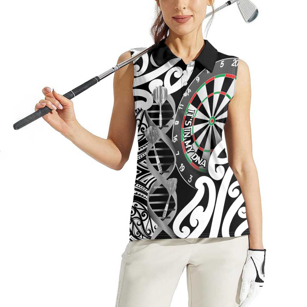 Personalised New Zealand Darts Women Sleeveless Polo Shirt Aotearoa Maori Its In My DNA Black - Polynesian Pride