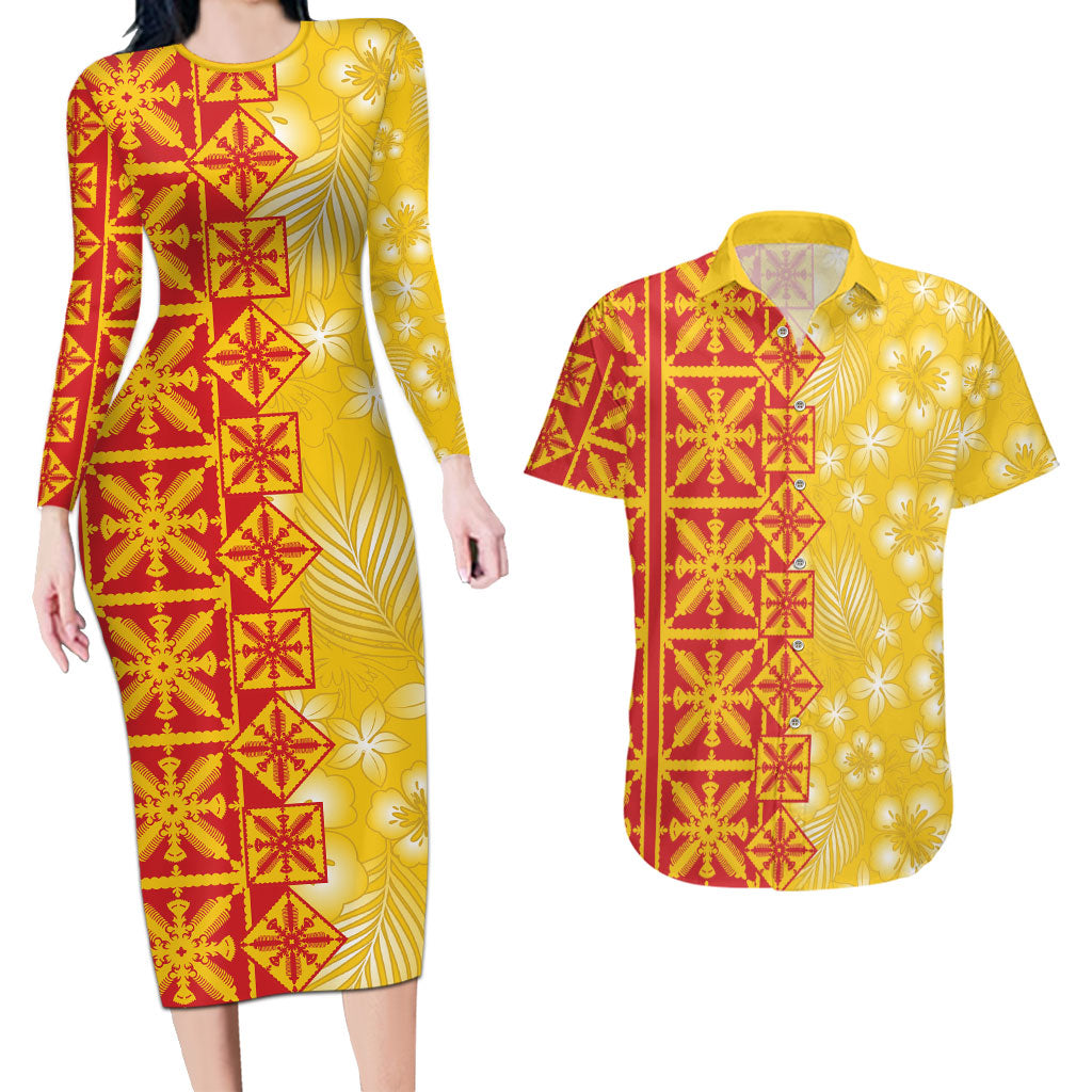 Kahili Quilt Hawaii Couples Matching Long Sleeve Bodycon Dress and Hawaiian Shirt Tropical Flower Seamless Half Style