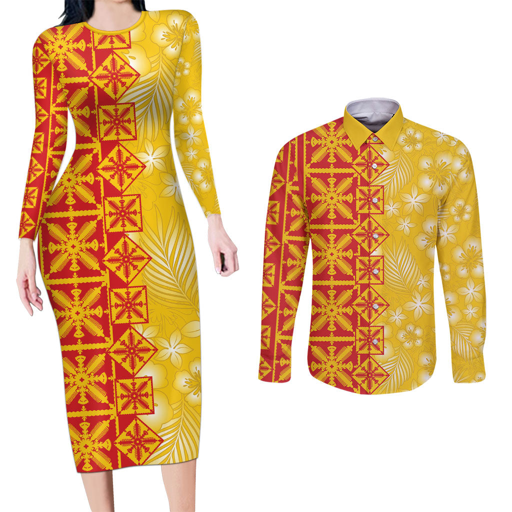 Kahili Quilt Hawaii Couples Matching Long Sleeve Bodycon Dress and Long Sleeve Button Shirt Tropical Flower Seamless Half Style