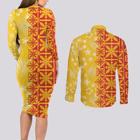 Kahili Quilt Hawaii Couples Matching Long Sleeve Bodycon Dress and Long Sleeve Button Shirt Tropical Flower Seamless Half Style