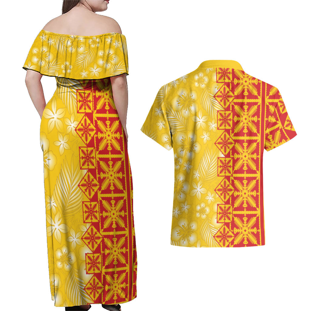 Kahili Quilt Hawaii Couples Matching Off Shoulder Maxi Dress and Hawaiian Shirt Tropical Flower Seamless Half Style