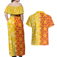 Kahili Quilt Hawaii Couples Matching Off Shoulder Maxi Dress and Hawaiian Shirt Tropical Flower Seamless Half Style