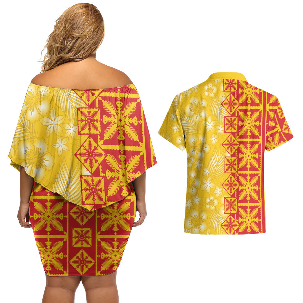 Kahili Quilt Hawaii Couples Matching Off Shoulder Short Dress and Hawaiian Shirt Tropical Flower Seamless Half Style