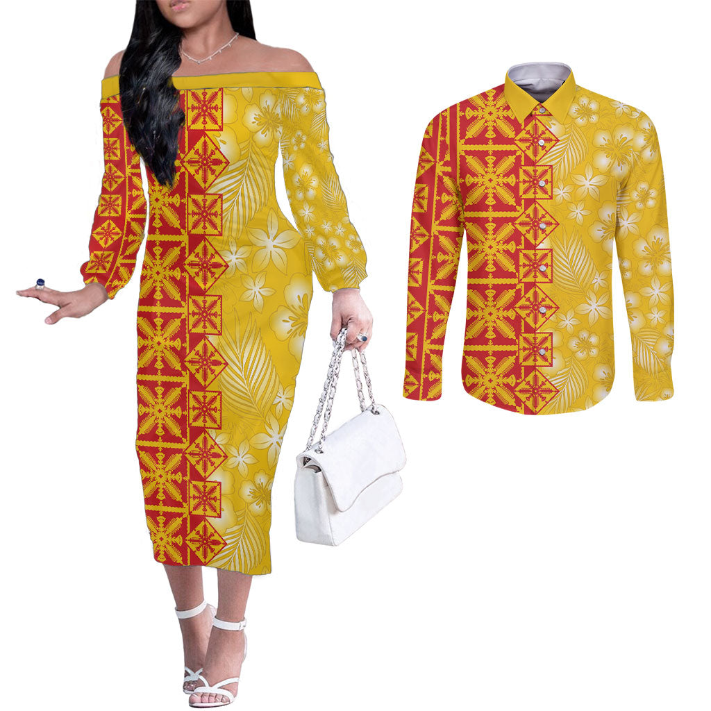 Kahili Quilt Hawaii Couples Matching Off The Shoulder Long Sleeve Dress and Long Sleeve Button Shirt Tropical Flower Seamless Half Style