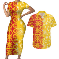 Kahili Quilt Hawaii Couples Matching Short Sleeve Bodycon Dress and Hawaiian Shirt Tropical Flower Seamless Half Style