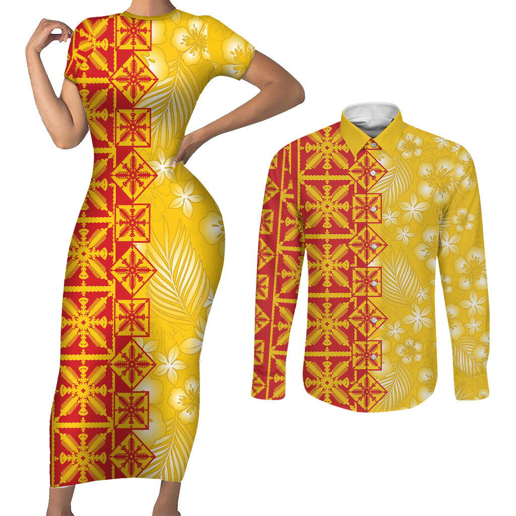 Kahili Quilt Hawaii Couples Matching Short Sleeve Bodycon Dress and Long Sleeve Button Shirt Tropical Flower Seamless Half Style