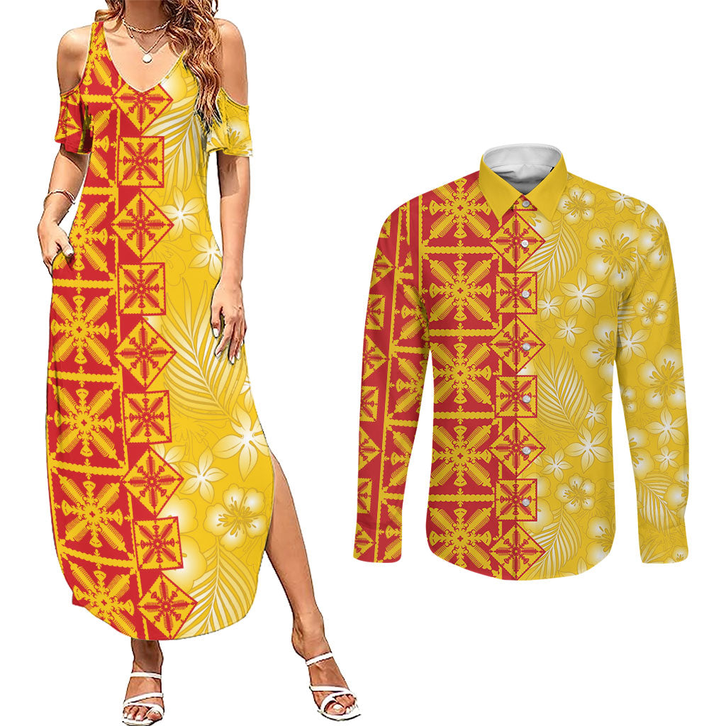 Kahili Quilt Hawaii Couples Matching Summer Maxi Dress and Long Sleeve Button Shirt Tropical Flower Seamless Half Style