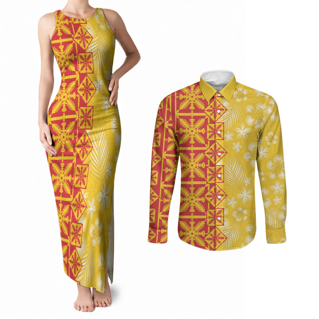 Kahili Quilt Hawaii Couples Matching Tank Maxi Dress and Long Sleeve Button Shirt Tropical Flower Seamless Half Style LT14 Yellow - Polynesian Pride
