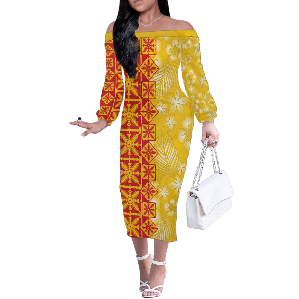 Kahili Quilt Hawaii Family Matching Off The Shoulder Long Sleeve Dress and Hawaiian Shirt Tropical Flower Seamless Half Style LT14 Mom's Dress Yellow - Polynesian Pride