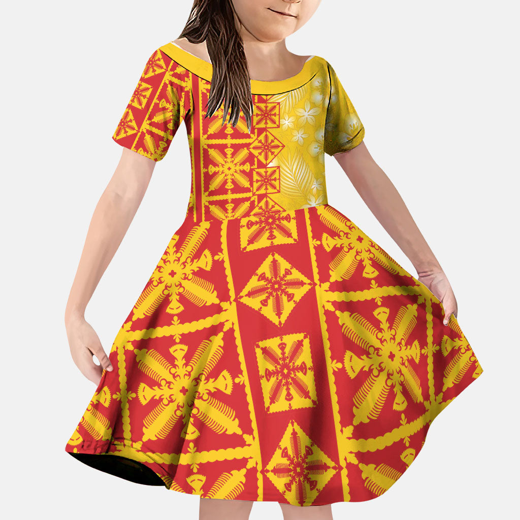 Kahili Quilt Hawaii Family Matching Off Shoulder Short Dress and Hawaiian Shirt Tropical Flower Seamless Half Style LT14 Daughter's Dress Yellow - Polynesian Pride