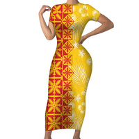 Kahili Quilt Hawaii Family Matching Short Sleeve Bodycon Dress and Hawaiian Shirt Tropical Flower Seamless Half Style LT14 Mom's Dress Yellow - Polynesian Pride