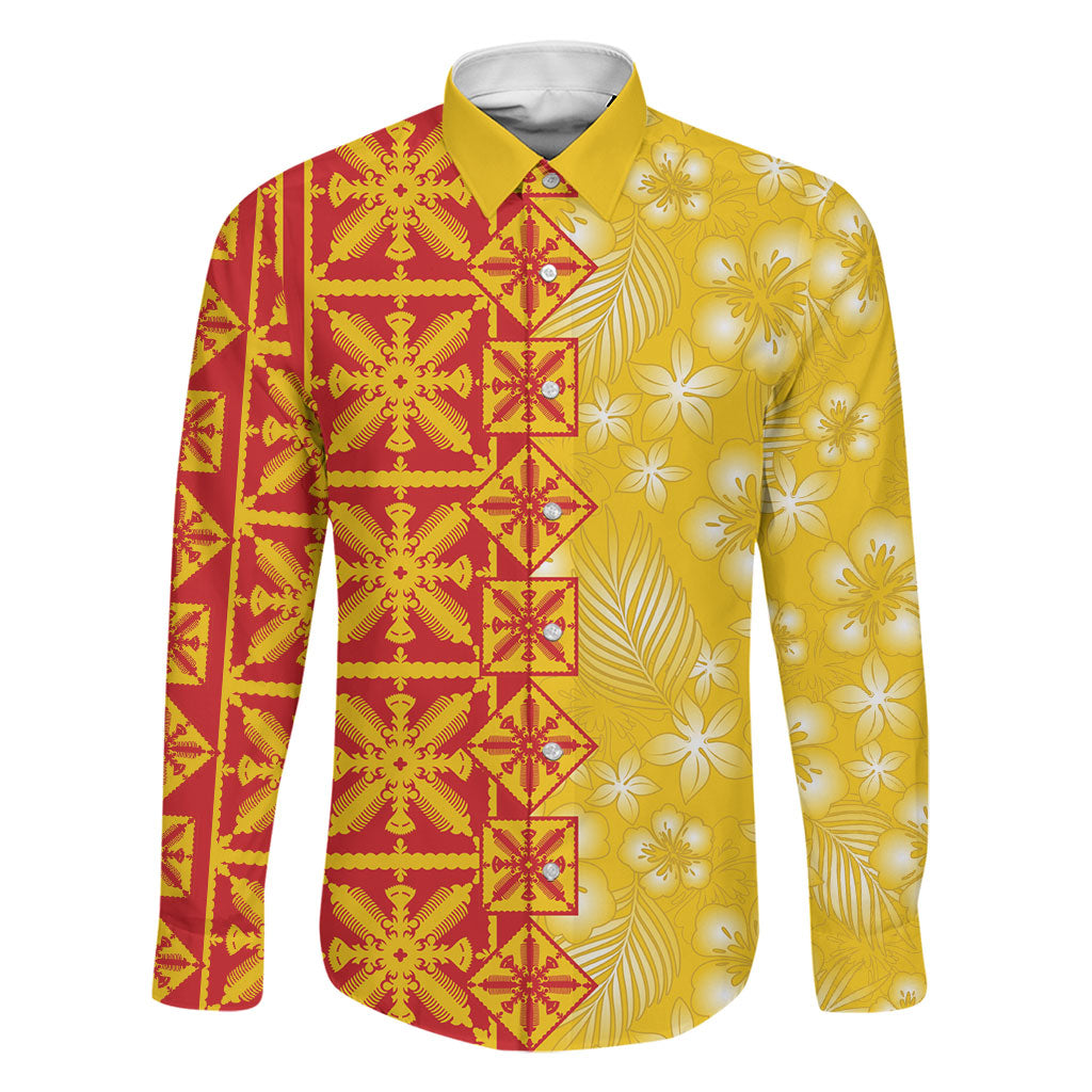 Kahili Quilt Hawaii Family Matching Tank Maxi Dress and Hawaiian Shirt Tropical Flower Seamless Half Style LT14 Dad's Shirt - Long Sleeve Yellow - Polynesian Pride