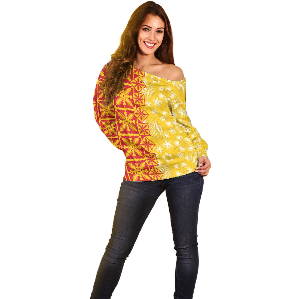 Kahili Quilt Hawaii Off Shoulder Sweater Tropical Flower Seamless Half Style