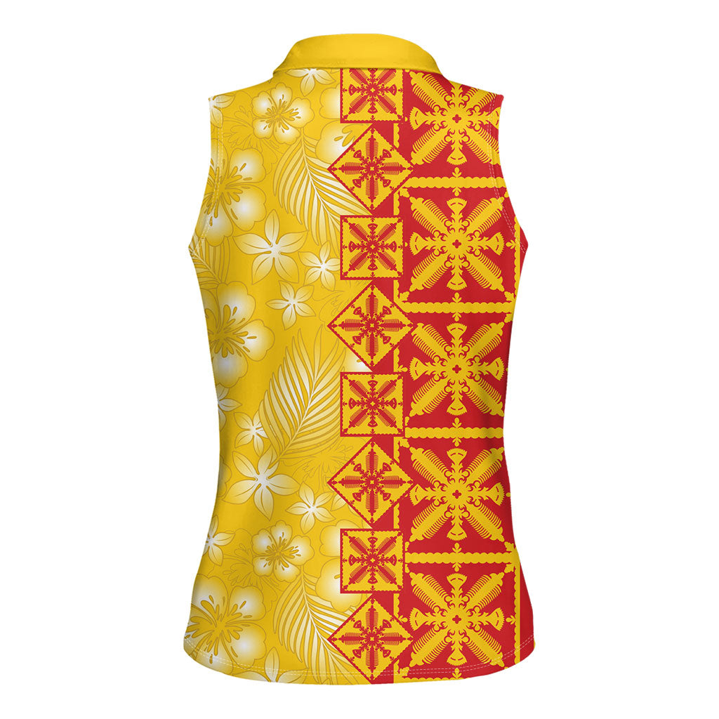 Kahili Quilt Hawaii Women Sleeveless Polo Shirt Tropical Flower Seamless Half Style