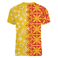 Kahili Quilt Hawaii Women V-Neck T-Shirt Tropical Flower Seamless Half Style