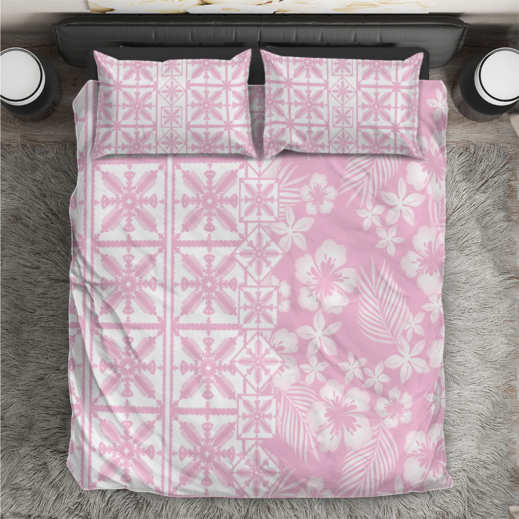 Pastel Pink Kahili Quilt Hawaii Bedding Set Tropical Flower Seamless Half Style