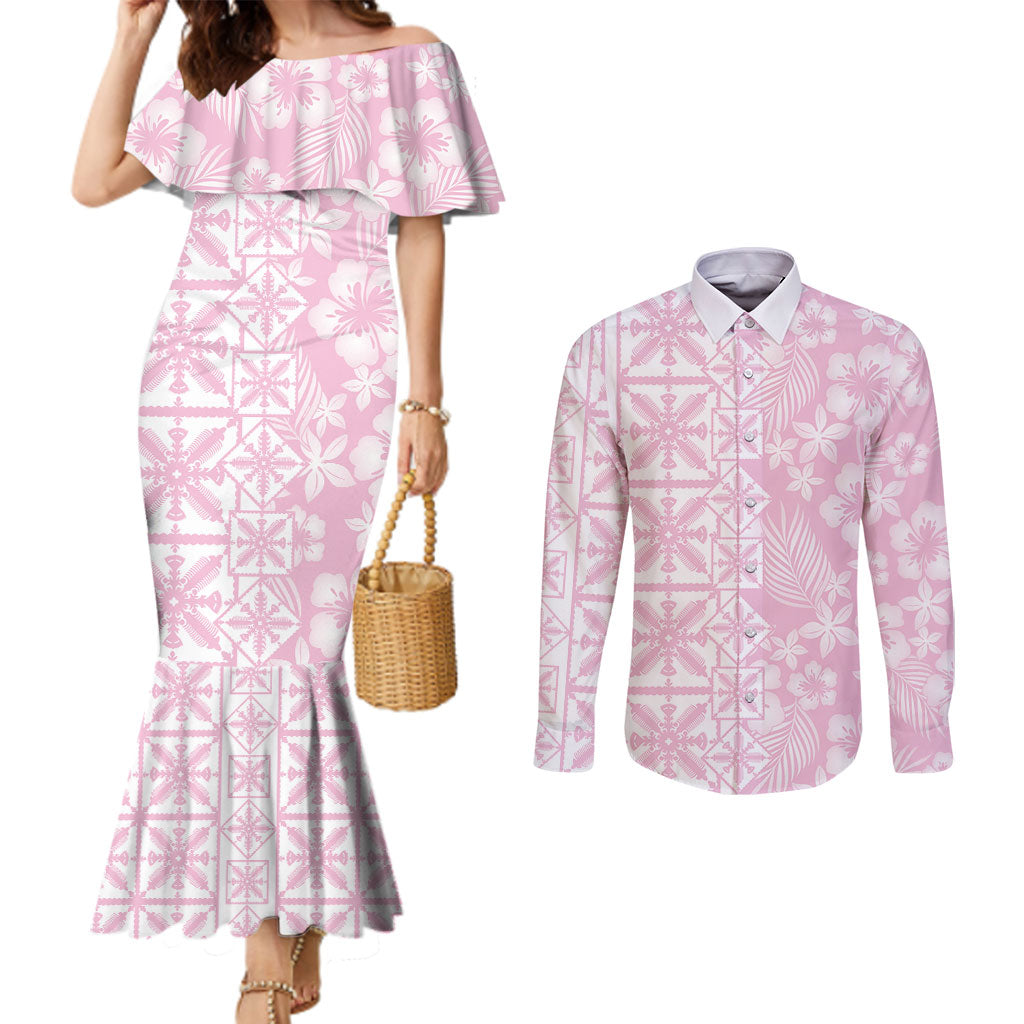 Pastel Pink Kahili Quilt Hawaii Couples Matching Mermaid Dress and Long Sleeve Button Shirt Tropical Flower Seamless Half Style