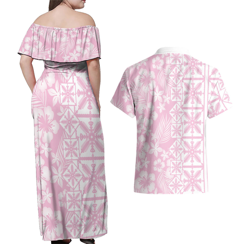 Pastel Pink Kahili Quilt Hawaii Couples Matching Off Shoulder Maxi Dress and Hawaiian Shirt Tropical Flower Seamless Half Style