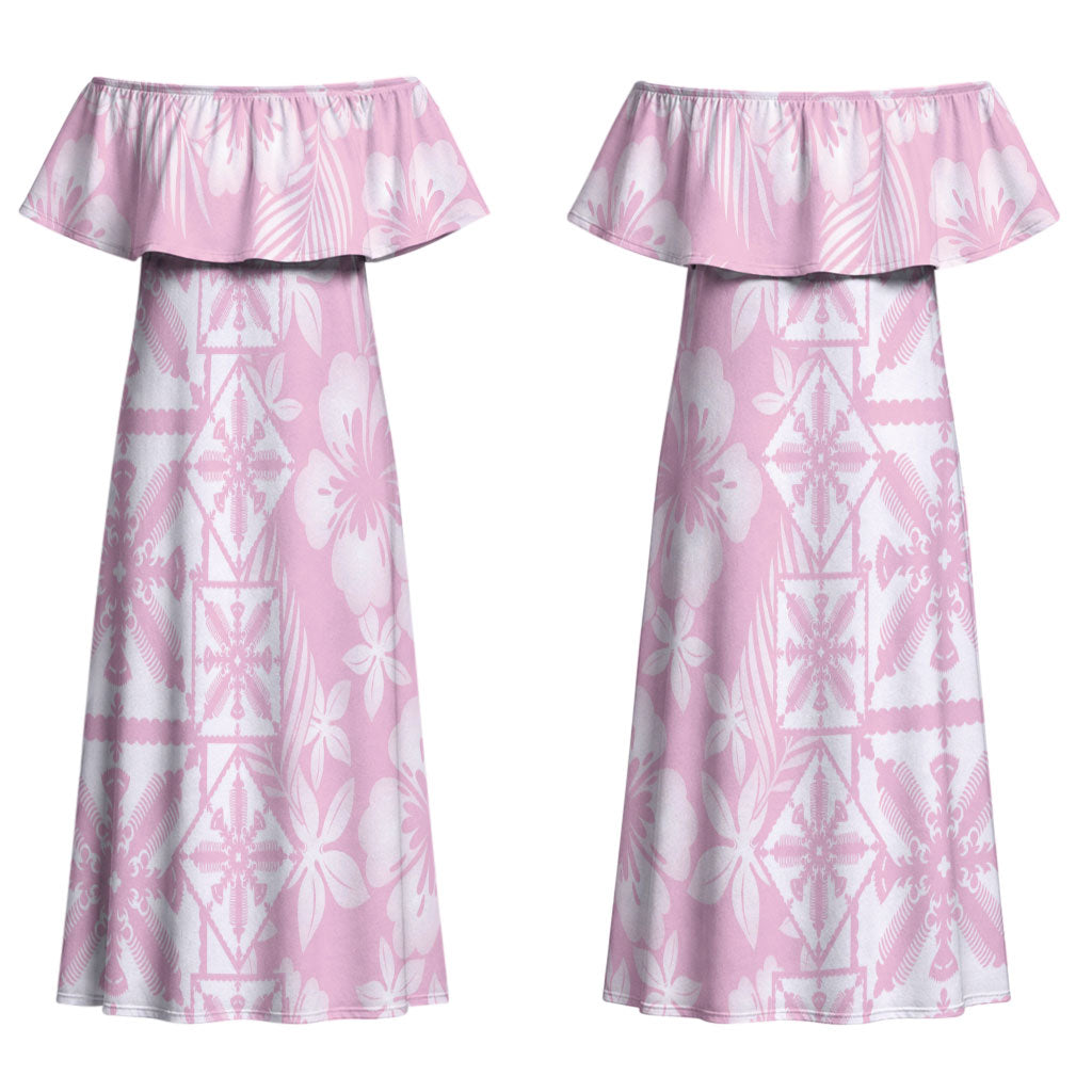 Pastel Pink Kahili Quilt Hawaii Couples Matching Off Shoulder Maxi Dress and Hawaiian Shirt Tropical Flower Seamless Half Style LT14 - Polynesian Pride