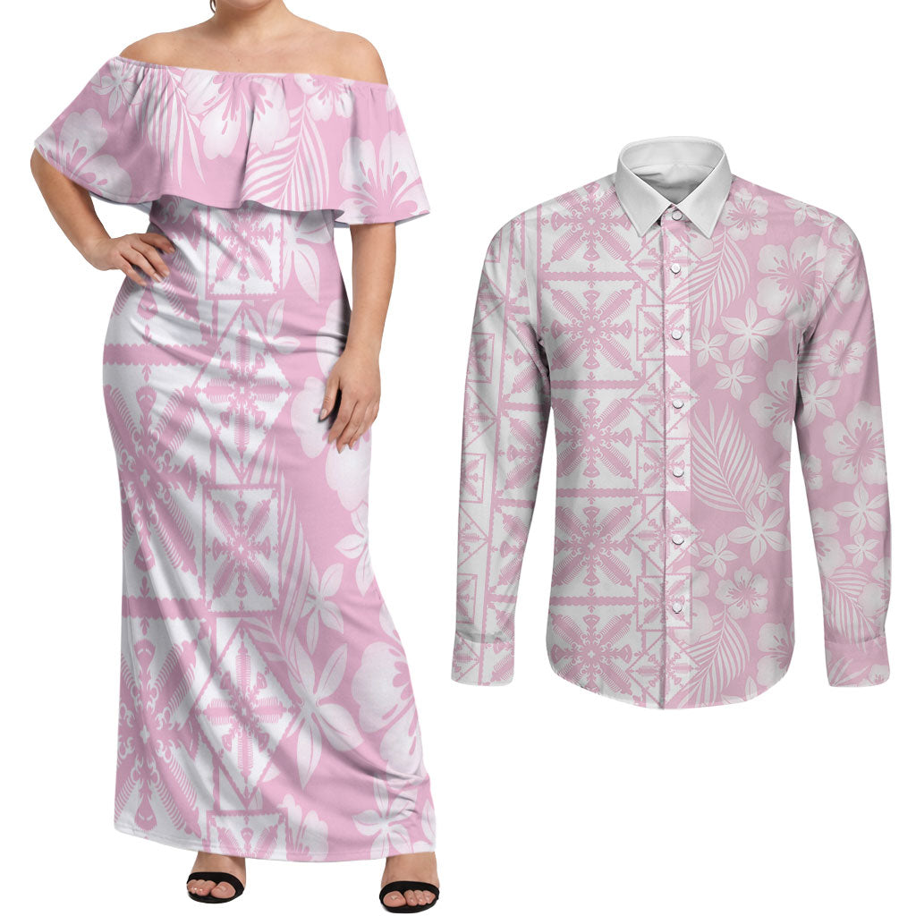 Pastel Pink Kahili Quilt Hawaii Couples Matching Off Shoulder Maxi Dress and Long Sleeve Button Shirt Tropical Flower Seamless Half Style LT14 Pink - Polynesian Pride