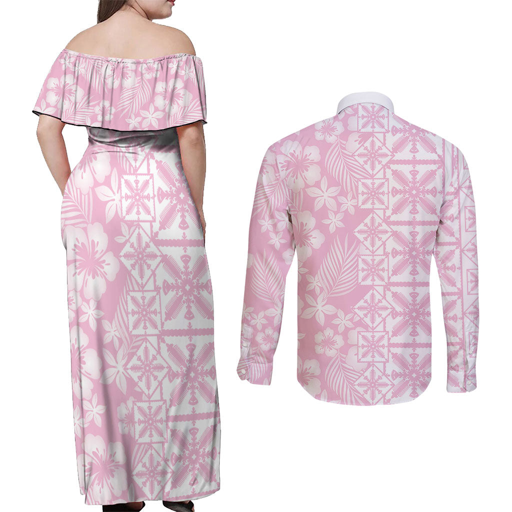 Pastel Pink Kahili Quilt Hawaii Couples Matching Off Shoulder Maxi Dress and Long Sleeve Button Shirt Tropical Flower Seamless Half Style