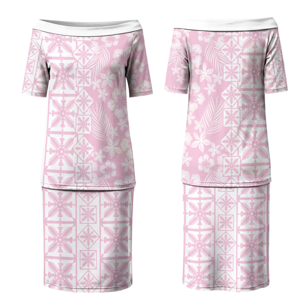 Pastel Pink Kahili Quilt Hawaii Couples Matching Puletasi and Hawaiian Shirt Tropical Flower Seamless Half Style LT14 - Polynesian Pride