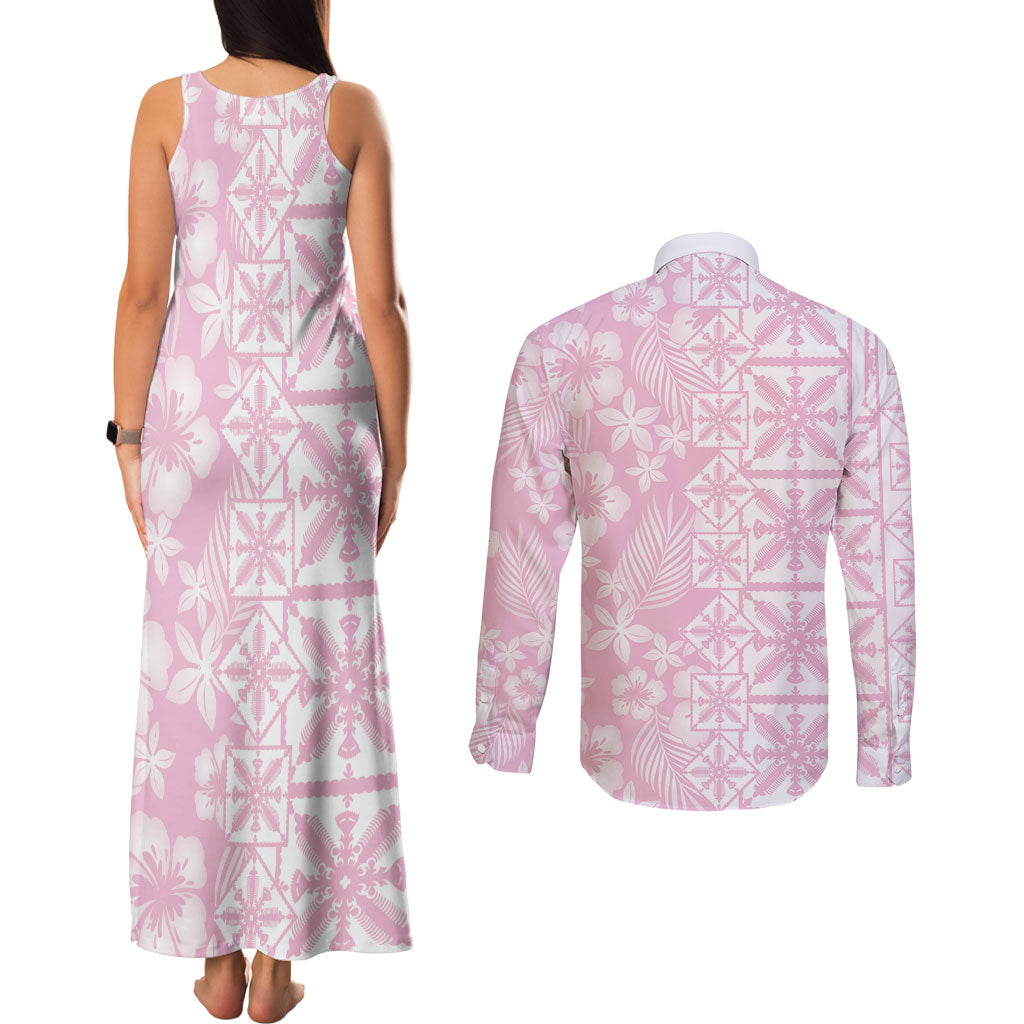 Pastel Pink Kahili Quilt Hawaii Couples Matching Tank Maxi Dress and Long Sleeve Button Shirt Tropical Flower Seamless Half Style