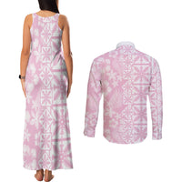 Pastel Pink Kahili Quilt Hawaii Couples Matching Tank Maxi Dress and Long Sleeve Button Shirt Tropical Flower Seamless Half Style