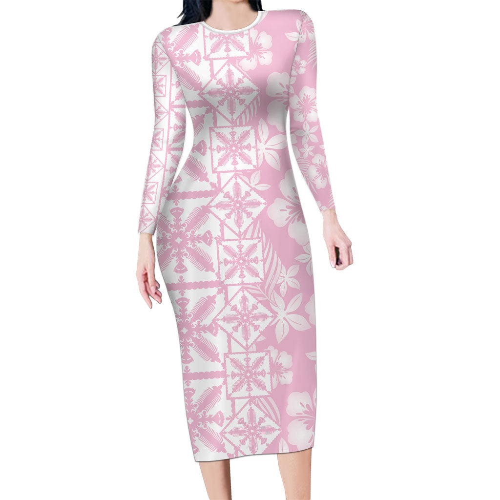 Pastel Pink Kahili Quilt Hawaii Family Matching Long Sleeve Bodycon Dress and Hawaiian Shirt Tropical Flower Seamless Half Style LT14 Mom's Dress Pink - Polynesian Pride