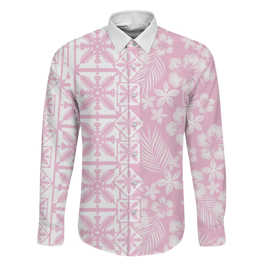 Pastel Pink Kahili Quilt Hawaii Family Matching Off The Shoulder Long Sleeve Dress and Hawaiian Shirt Tropical Flower Seamless Half Style LT14 Dad's Shirt - Long Sleeve Pink - Polynesian Pride
