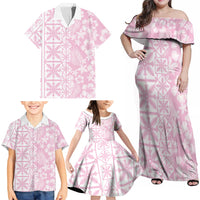 Pastel Pink Kahili Quilt Hawaii Family Matching Off Shoulder Maxi Dress and Hawaiian Shirt Tropical Flower Seamless Half Style LT14 - Polynesian Pride
