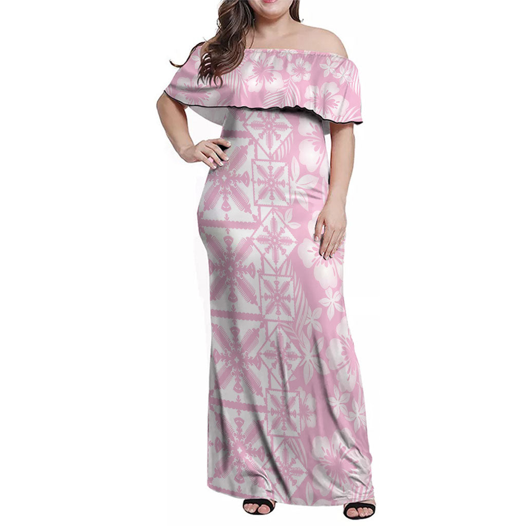 Pastel Pink Kahili Quilt Hawaii Family Matching Off Shoulder Maxi Dress and Hawaiian Shirt Tropical Flower Seamless Half Style LT14 Mom's Dress Pink - Polynesian Pride