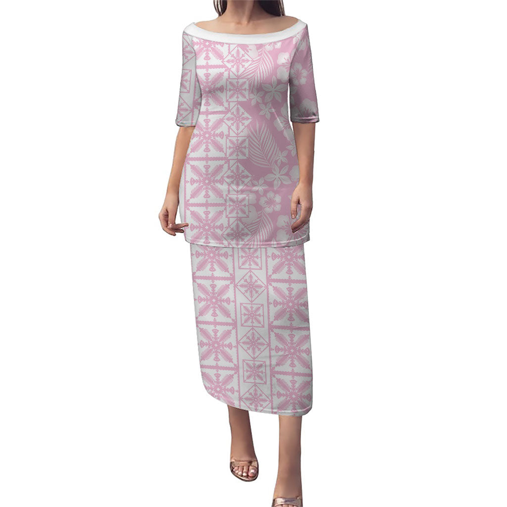 Pastel Pink Kahili Quilt Hawaii Family Matching Puletasi and Hawaiian Shirt Tropical Flower Seamless Half Style LT14 Mom's Dress Pink - Polynesian Pride