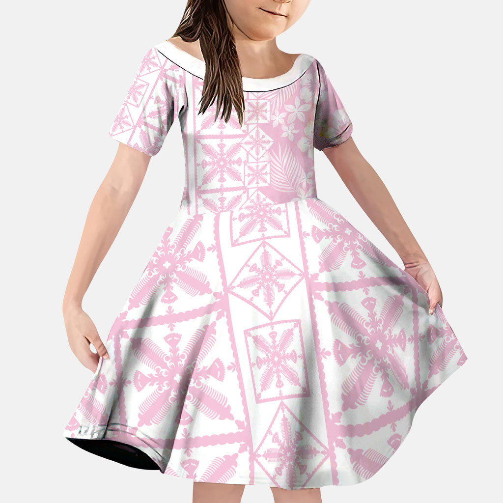 Pastel Pink Kahili Quilt Hawaii Family Matching Summer Maxi Dress and Hawaiian Shirt Tropical Flower Seamless Half Style LT14 Daughter's Dress Pink - Polynesian Pride