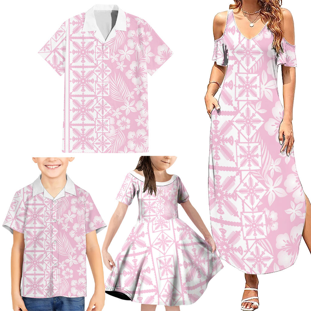 Pastel Pink Kahili Quilt Hawaii Family Matching Summer Maxi Dress and Hawaiian Shirt Tropical Flower Seamless Half Style LT14 - Polynesian Pride