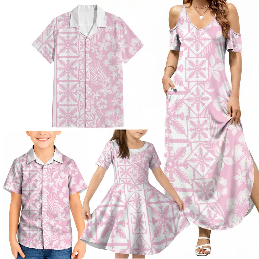 Pastel Pink Kahili Quilt Hawaii Family Matching Summer Maxi Dress and Hawaiian Shirt Tropical Flower Seamless Half Style LT14 - Polynesian Pride