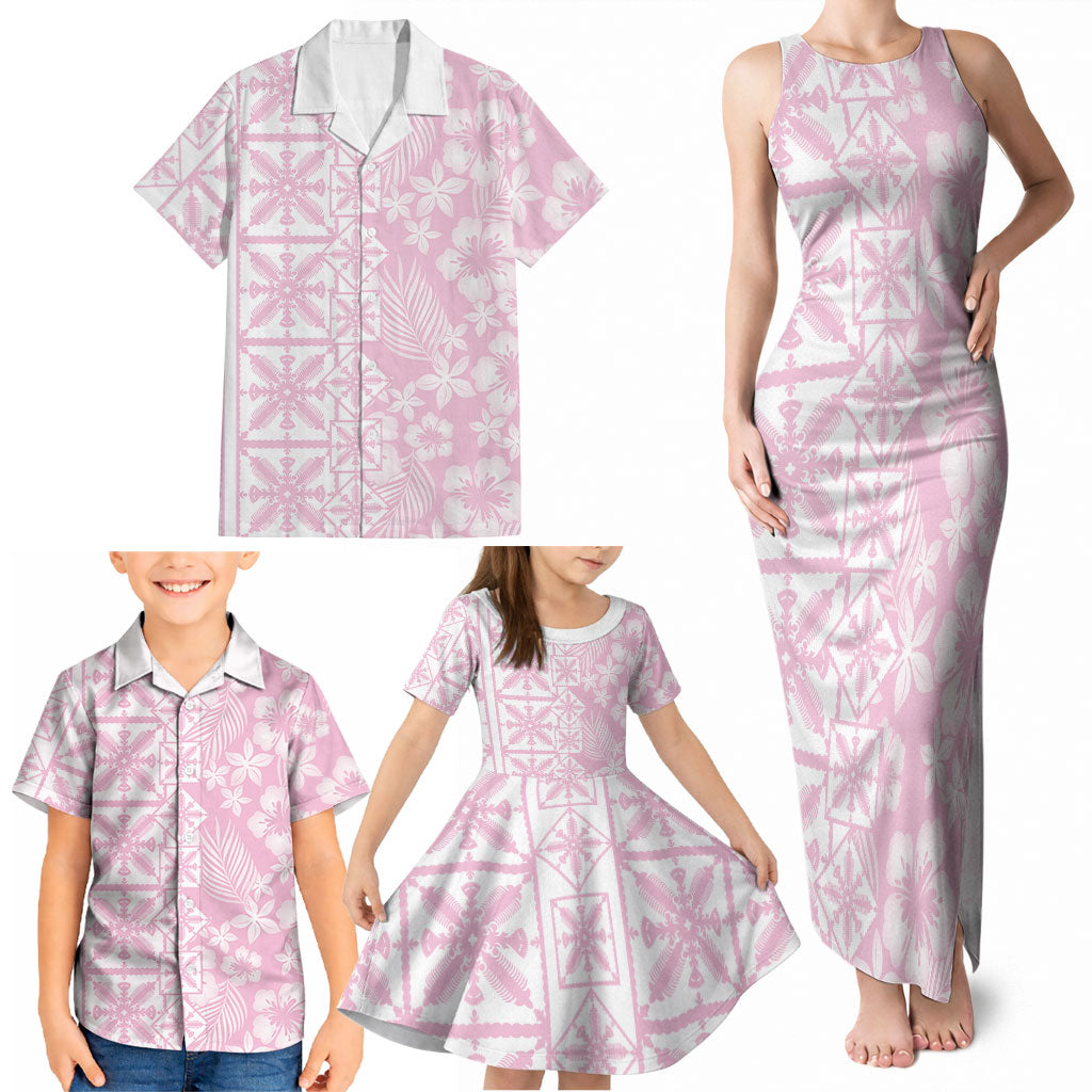 Pastel Pink Kahili Quilt Hawaii Family Matching Tank Maxi Dress and Hawaiian Shirt Tropical Flower Seamless Half Style LT14 - Polynesian Pride