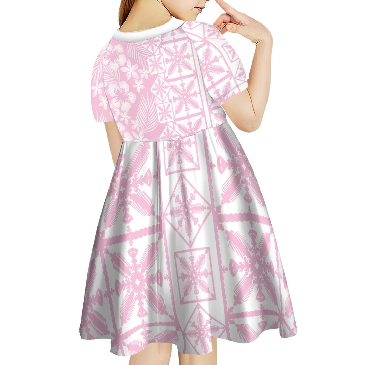 Pastel Pink Kahili Quilt Hawaii Kid Short Sleeve Dress Tropical Flower Seamless Half Style